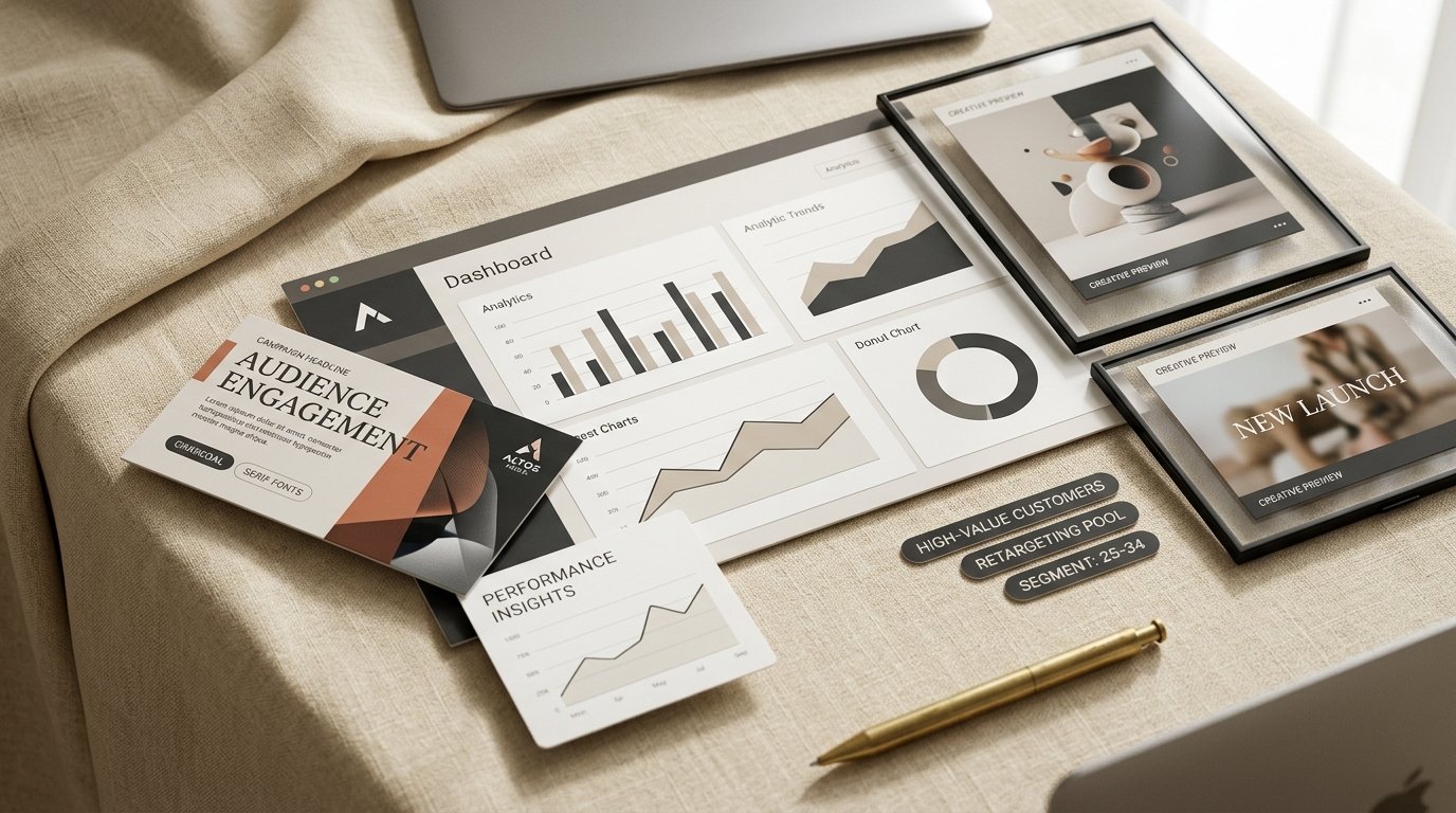 Performance Marketing Campaign Visual — Modern advertising interface, campaign creative, audience targeting, and analytics dashboard