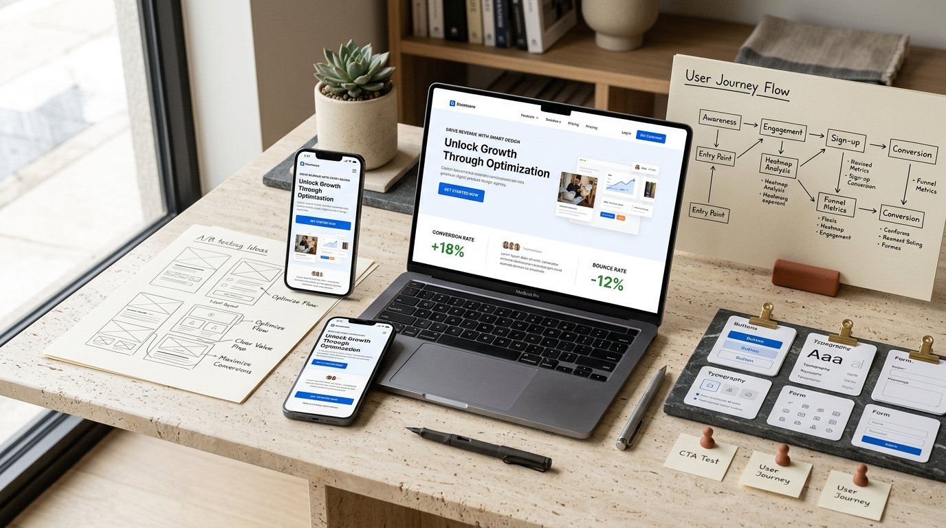 Website Design and Conversion Optimization Visual — Modern desktop and mobile landing page mockups, user journey flow, and UX wireframes